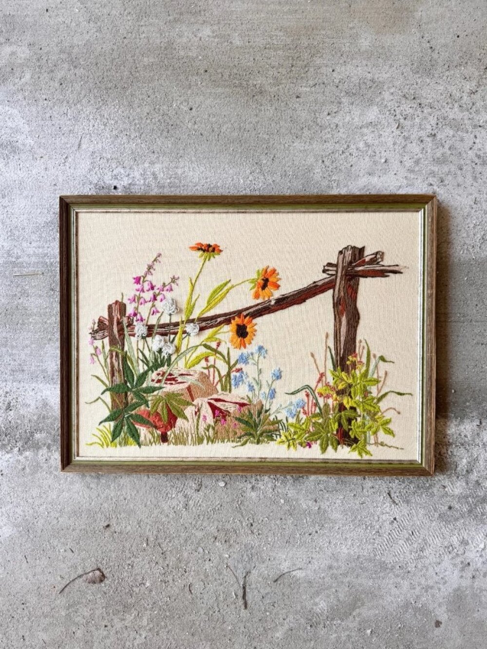Vintage 1970's Handmade Embroidered Floral Motif Framed Wall Art Artwork